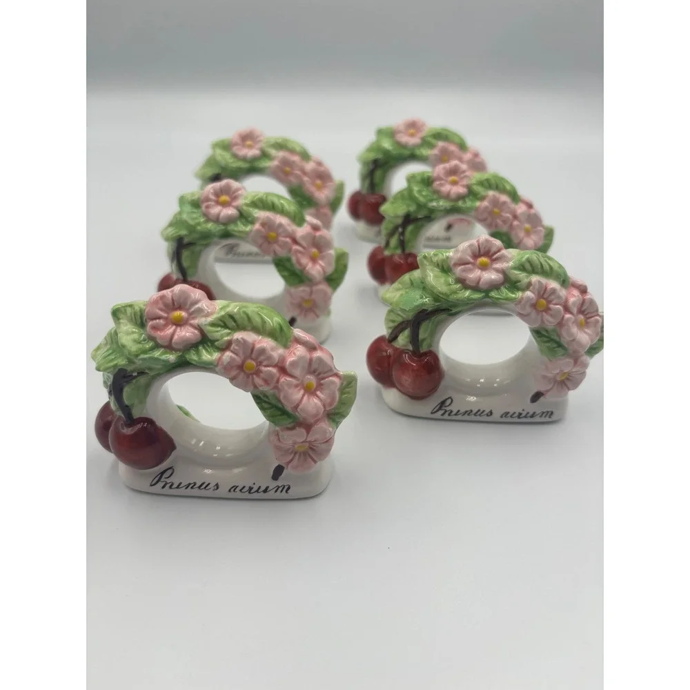 Vintage Ceramic Cherry Blossom Napkin Rings Set of 6‎ Prunus Avium Pink Floral